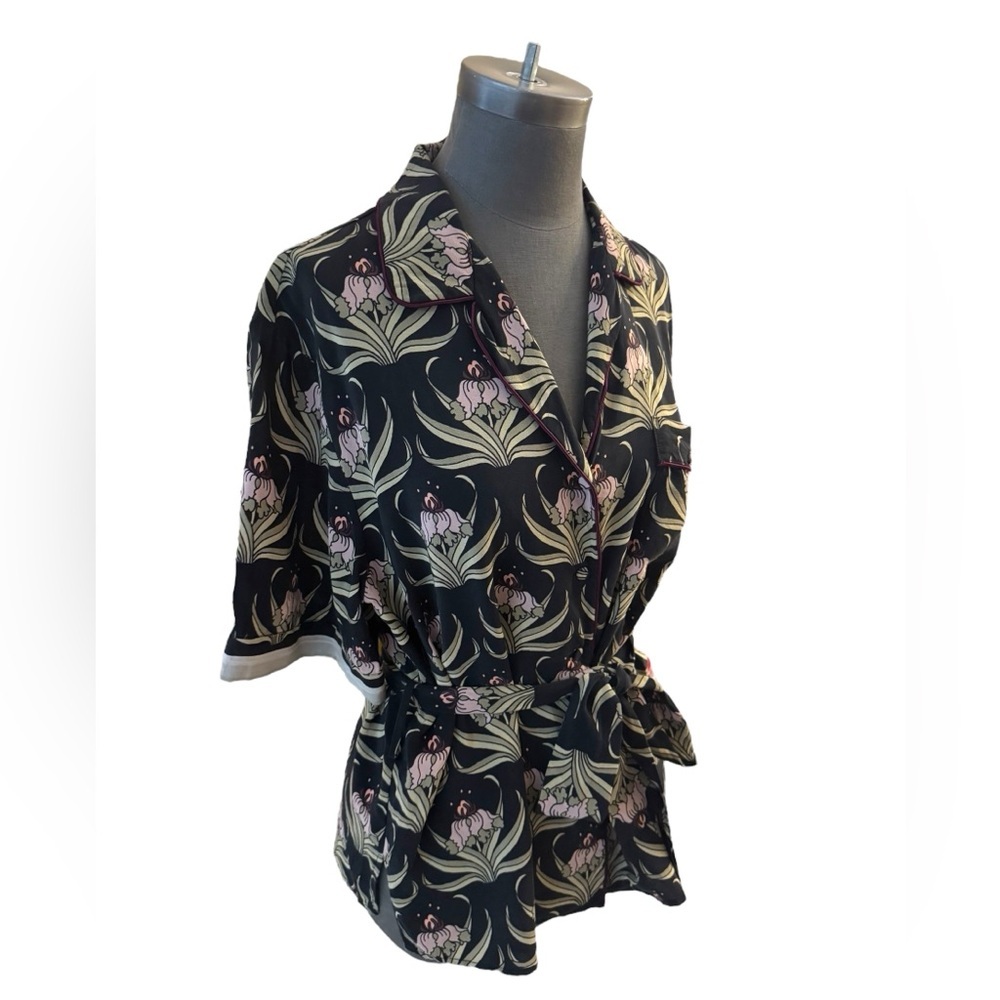 Markus Lupfer Floral Silk Pajama Shirt Belt Medium - Picture 3 of 13